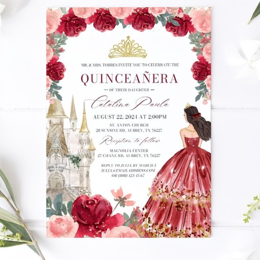 Burgundy Blush Floral Quinceanera Invitatio Red 招待状