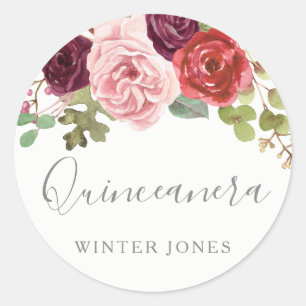Burgundy Blush Floral Quinceanera Party Favor Seal ラウンドシール