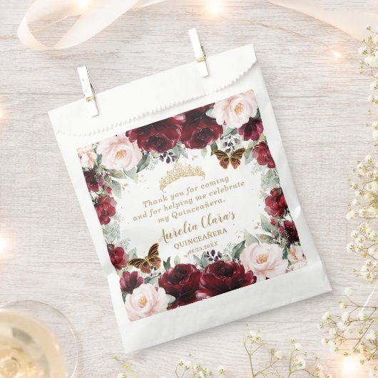 Burgundy Blush Floral Quinceanera Sweet 16  フェイバーバッグ (クリップ留めされた状態)