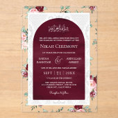 Burgundy Blush Floral White Lace Muslim Wedding アクリル招待状 (正面)