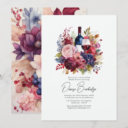 Burgundy & Blush Floral Wine Tasting Bridal Shower 招待状 (正面/裏面)