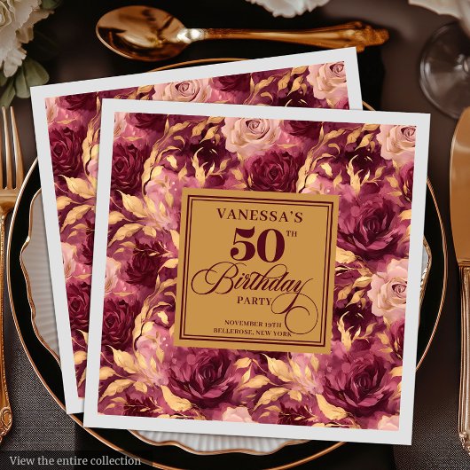 Burgundy blush gold roses 50th birthday party