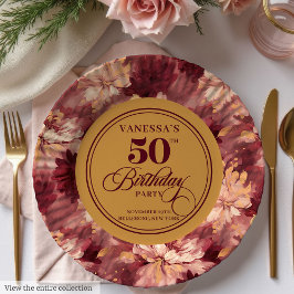 Burgundy blush gold roses woman 50th birthday   ペーパープレート