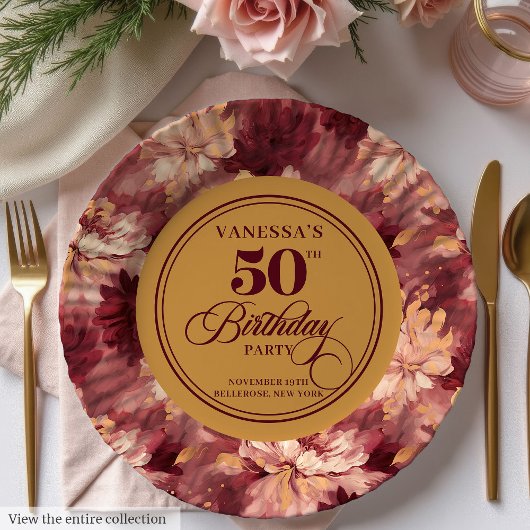 Burgundy blush gold roses woman 50th birthday   ペーパープレート
