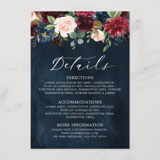 Burgundy Blush Marineblau Botanical Blumen Boho エンクロージャーカード (正面)