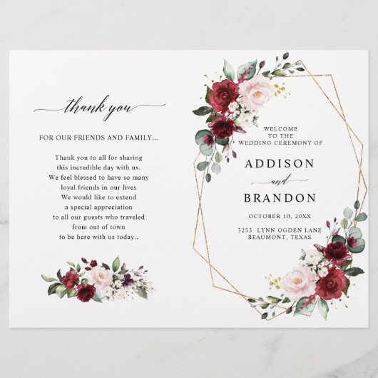 Burgundy Blush Modern Geometric Wedding Program (正面)
