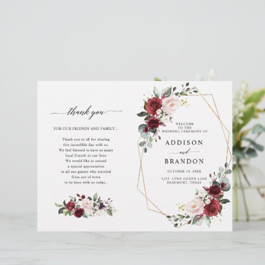 Burgundy Blush Modern Geometric Wedding Program (スタンド正面)