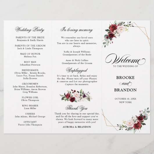 Burgundy Blush Modern Geometric Wedding Program (正面)