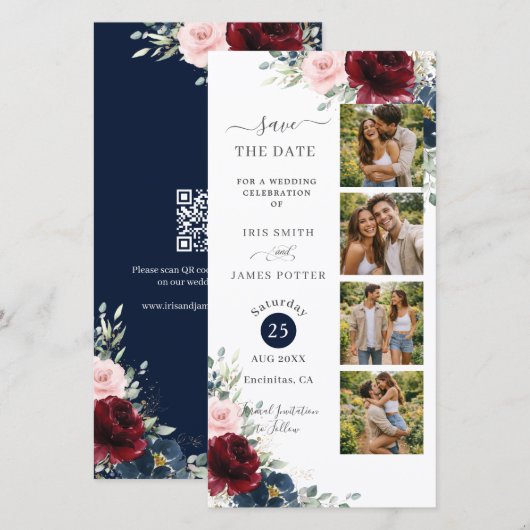 Burgundy Blush Navy Floral Photo Booth Wedding QR セーブザデート (正面/裏面)