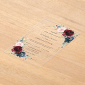 Burgundy Blush Navy Roses Floral Geometric Wedding アクリル招待状 (レイダウン)