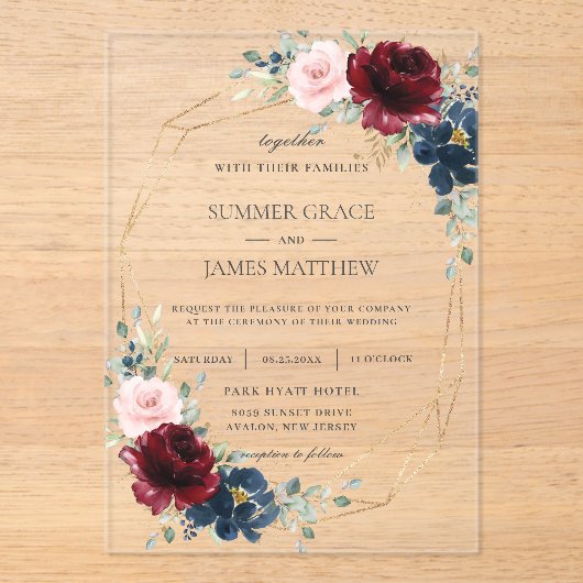 Burgundy Blush Navy Roses Floral Geometric Wedding アクリル招待状 (正面)