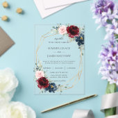 Burgundy Blush Navy Roses Floral Geometric Wedding アクリル招待状 (インサイチュ (ウェディング))