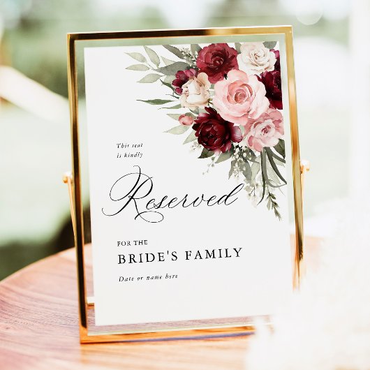 Burgundy Blush Pink Floral Reserved Seat Sign 5x7 ポスター