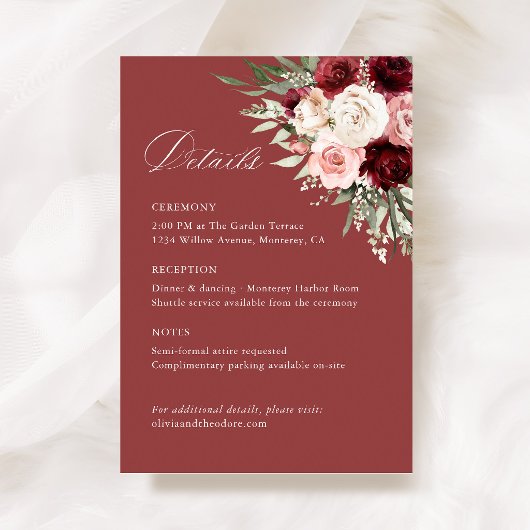Burgundy Blush Pink Floral Wedding Details, Info エンクロージャーカード