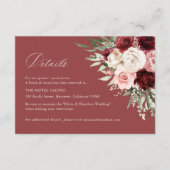 Burgundy Blush Pink Floral Wedding Hotel Details エンクロージャーカード (正面)