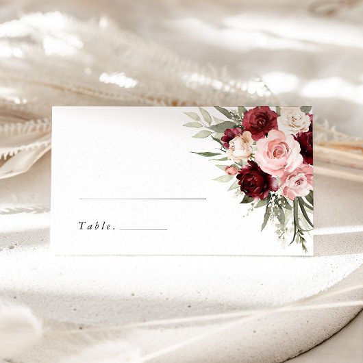 Burgundy Blush Pink Floral Wedding Name Place Card プレイスカード