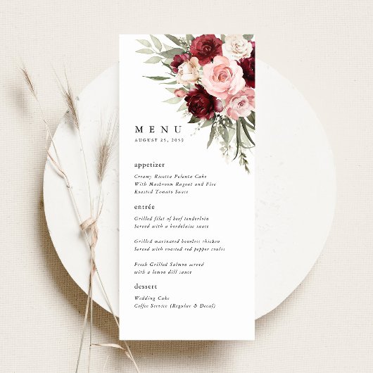 Burgundy Blush Pink Floral Wedding Reception Menu メニュー