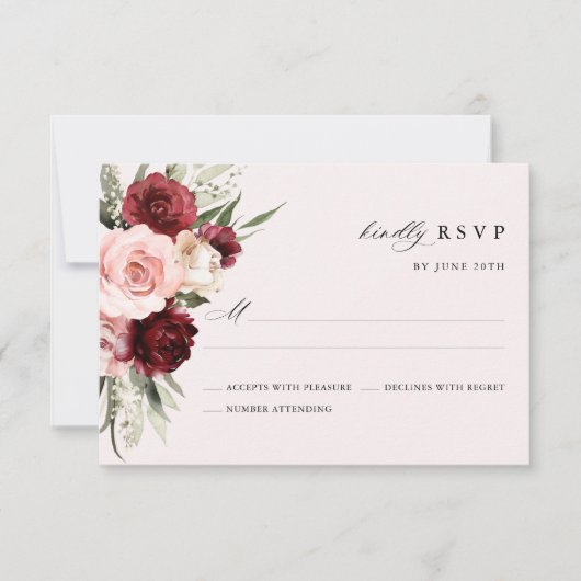 Burgundy Blush Pink Floral Wedding RSVP Card (正面)