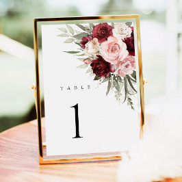 Burgundy Blush Pink Floral Wedding Table Numbers