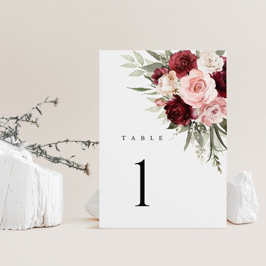 Burgundy Blush Pink Floral Wedding Table Numbers