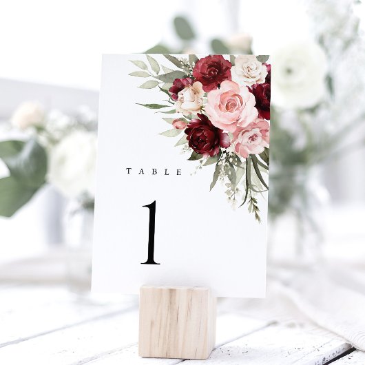 Burgundy Blush Pink Floral Wedding Table Numbers