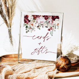 Burgundy Blush Pink Flowers Cards and Gifts Sign ポスター
