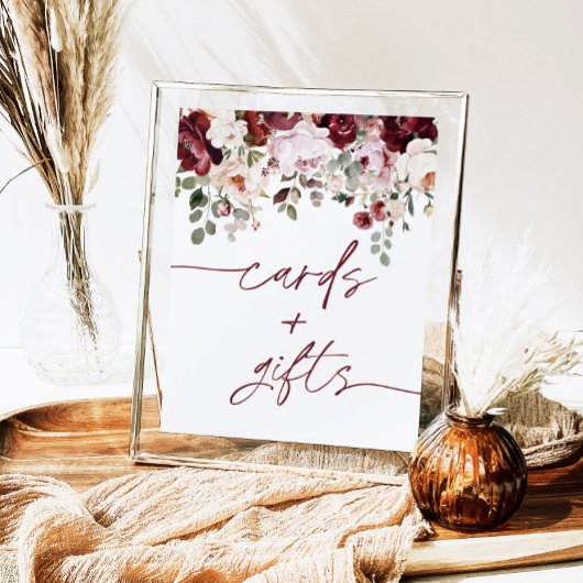 Burgundy Blush Pink Flowers Cards and Gifts Sign ポスター