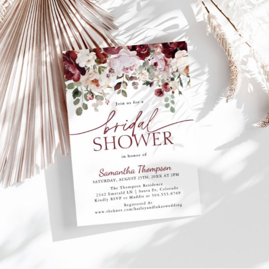 Burgundy Blush Pink Flowers, Floral Bridal Shower 招待状