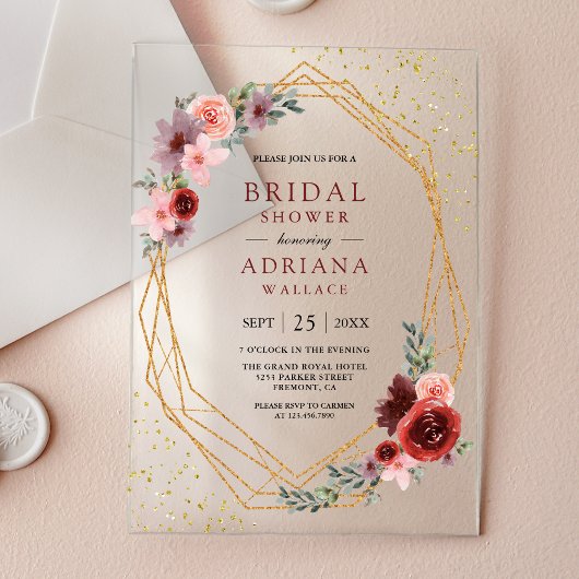 Burgundy Blush Pink Roses Geometric Bridal Shower アクリル招待状