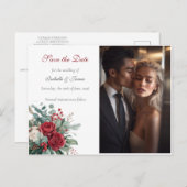 Burgundy & Blush Roses Wedding Save the Date 案内ポストカード (正面/裏面)