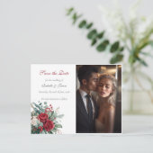 Burgundy & Blush Roses Wedding Save the Date 案内ポストカード (スタンド正面)