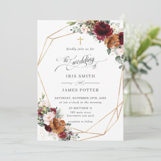 Burgundy Blush Rust Orange Floral Church Wedding 招待状 (スタンド正面)