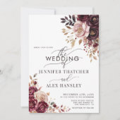 Burgundy Blush Script Floral QR Code Wedding 招待状 (正面)
