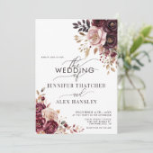 Burgundy Blush Script Floral QR Code Wedding 招待状 (スタンド正面)