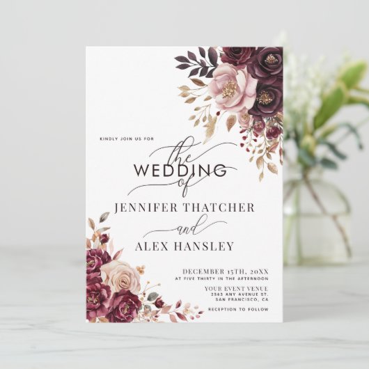 Burgundy Blush Script Floral QR Code Wedding 招待状 (スタンド正面)