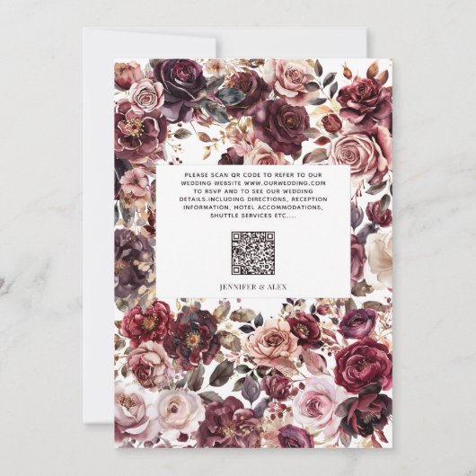 Burgundy Blush Script Floral QR Code Wedding 招待状 (裏面)