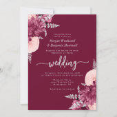 Burgundy Blush Silver Floral QR Code Wedding 招待状 (正面)