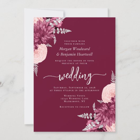 Burgundy Blush Silver Floral QR Code Wedding 招待状 (正面)