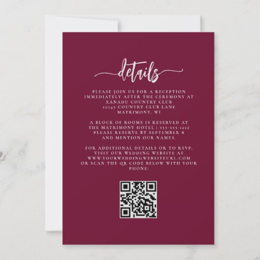 Burgundy Blush Silver Floral QR Code Wedding 招待状 (裏面)