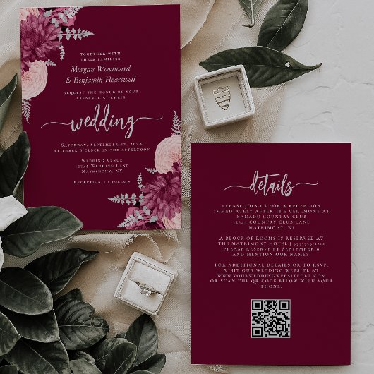 Burgundy Blush Silver Floral QR Code Wedding 招待状