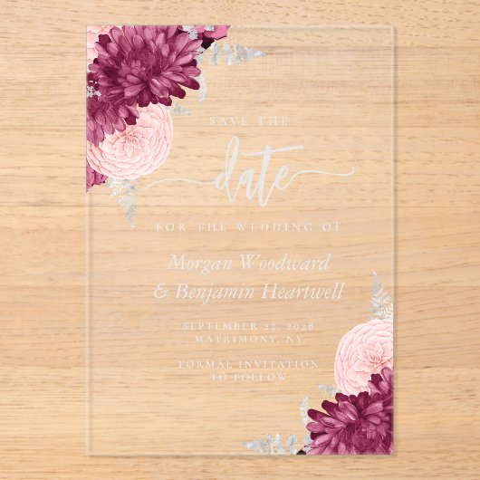 Burgundy Blush Silver Floral Wedding Save the Date アクリル招待状 (正面)