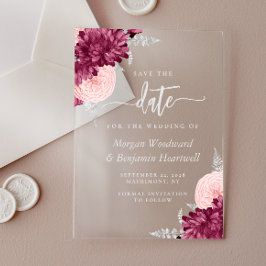 Burgundy Blush Silver Floral Wedding Save the Date アクリル招待状