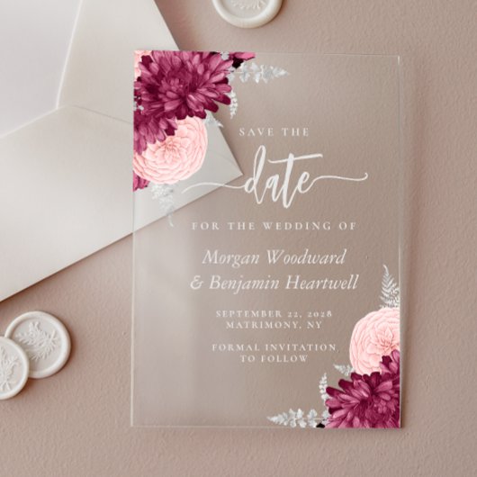 Burgundy Blush Silver Floral Wedding Save the Date アクリル招待状