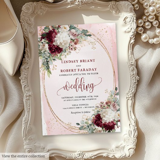 Burgundy Blush Stylish Wedding Invitation Template 招待状