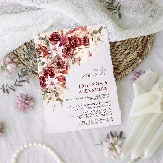Burgundy Blush Terracotta Boho Floral Wedding 招待状