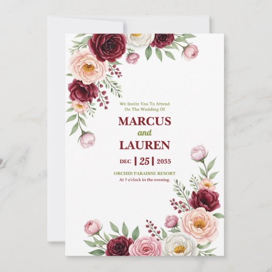 Burgundy Blush Wildflower Wedding Invitation Card 招待状 (正面)