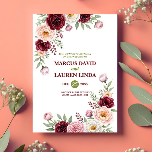 Burgundy Blush Wildflower Wedding Invitation Card 招待状