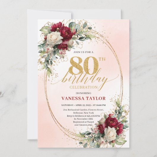 Burgundy Bohemian Chic 80th Birthday Celebration  招待状 (正面)