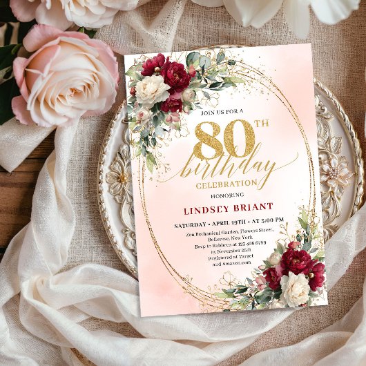 Burgundy Bohemian Chic 80th Birthday Celebration  招待状