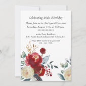 Burgundy Bohoフローラ、カスタマイズ可能、40歳の誕生日 招待状 (正面)